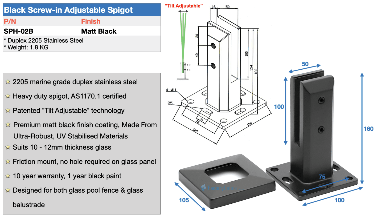 Black Square Screw-in Deck Mount Adjustable Glass Spigot Clamp Sydney
