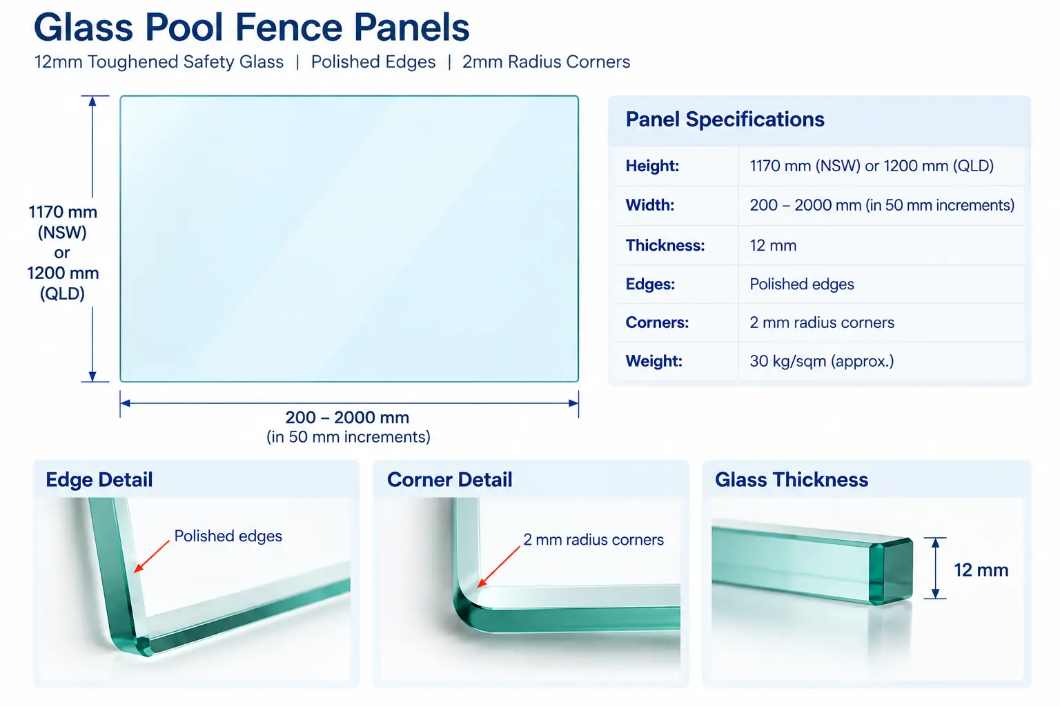 12mm glass pool fence panel sizes and specifications