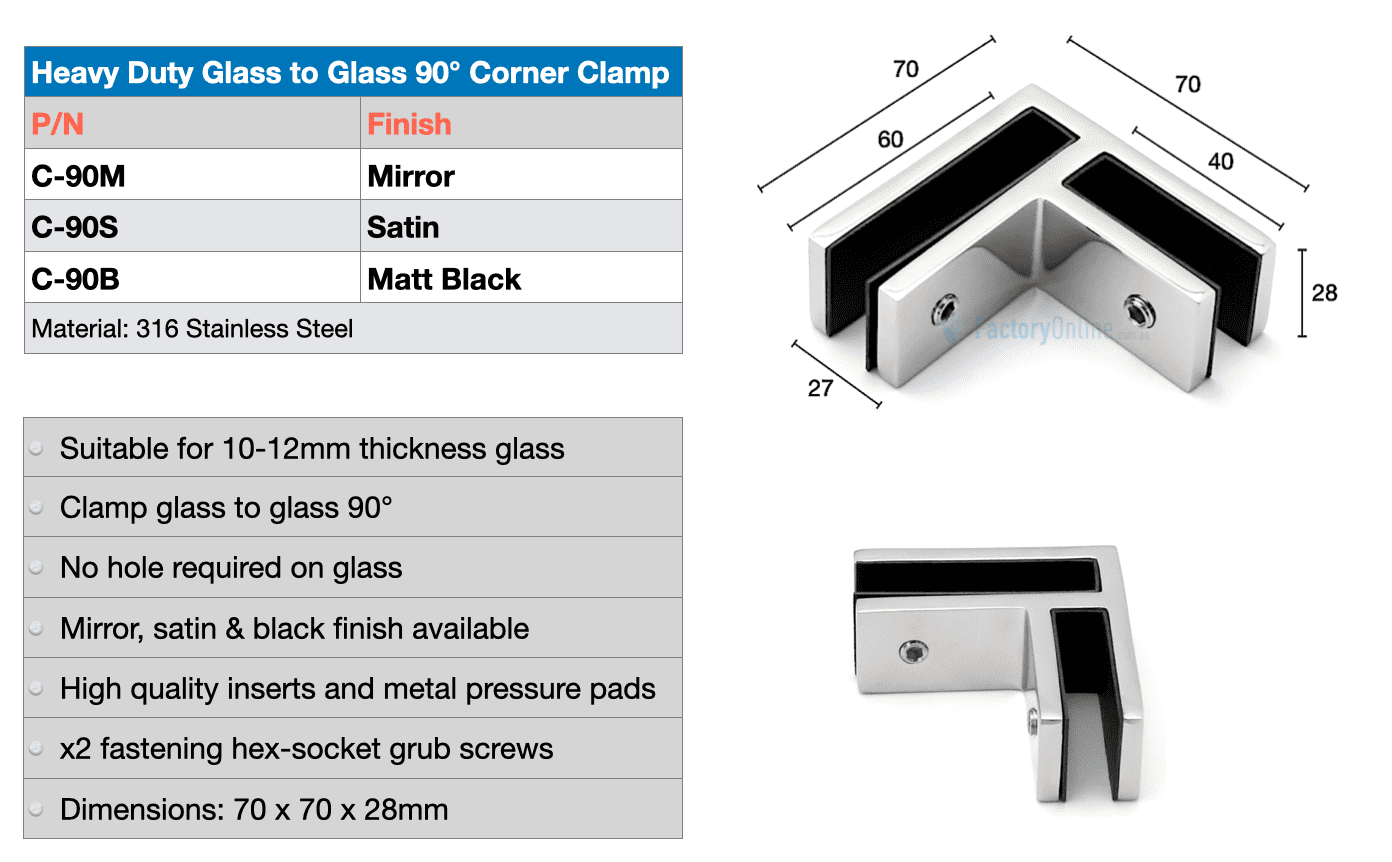 Glass Clamp Glass to Glass 90° Corner Clamp