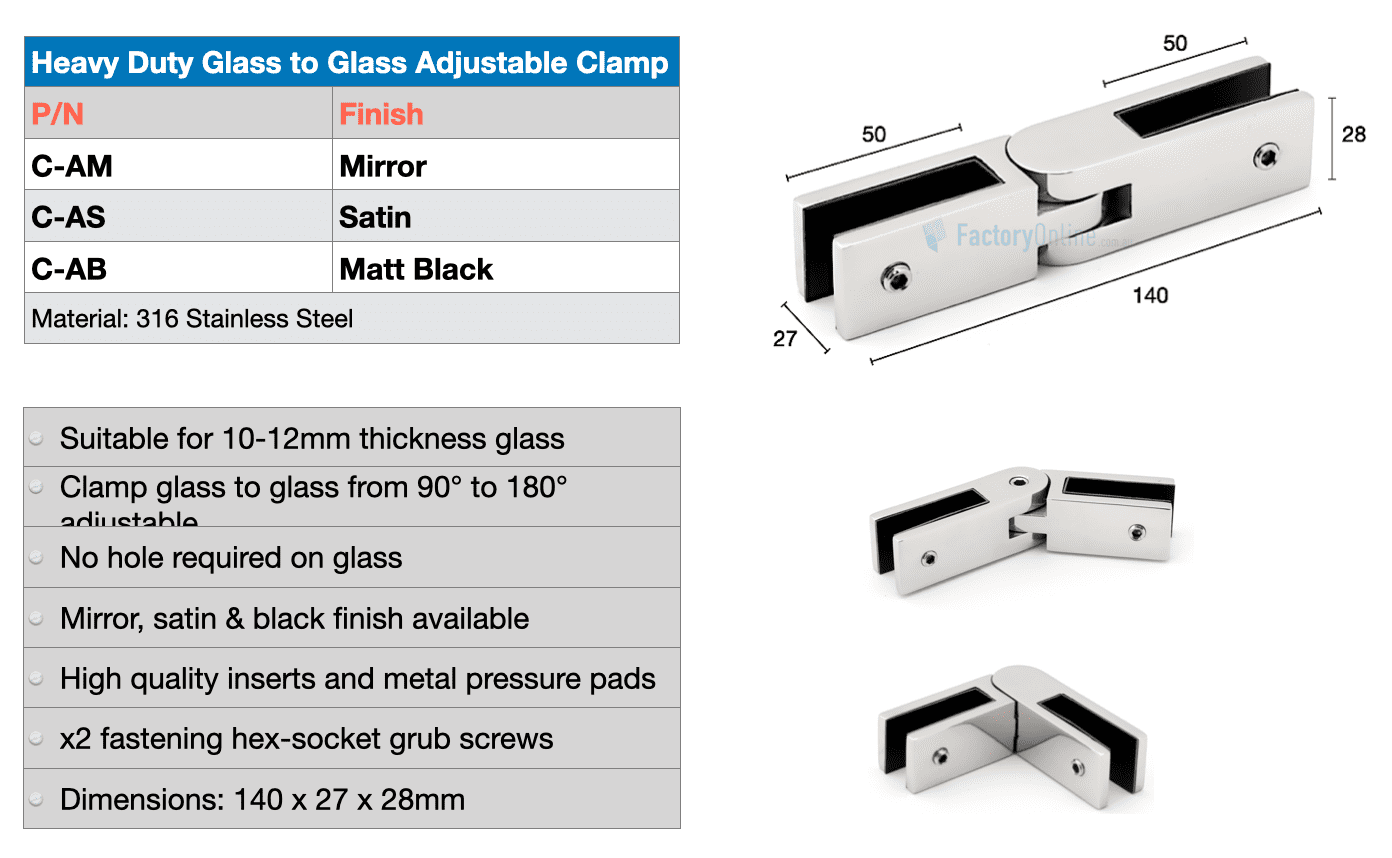 Heavy Duty Glass to Glass Adjustable Clamp