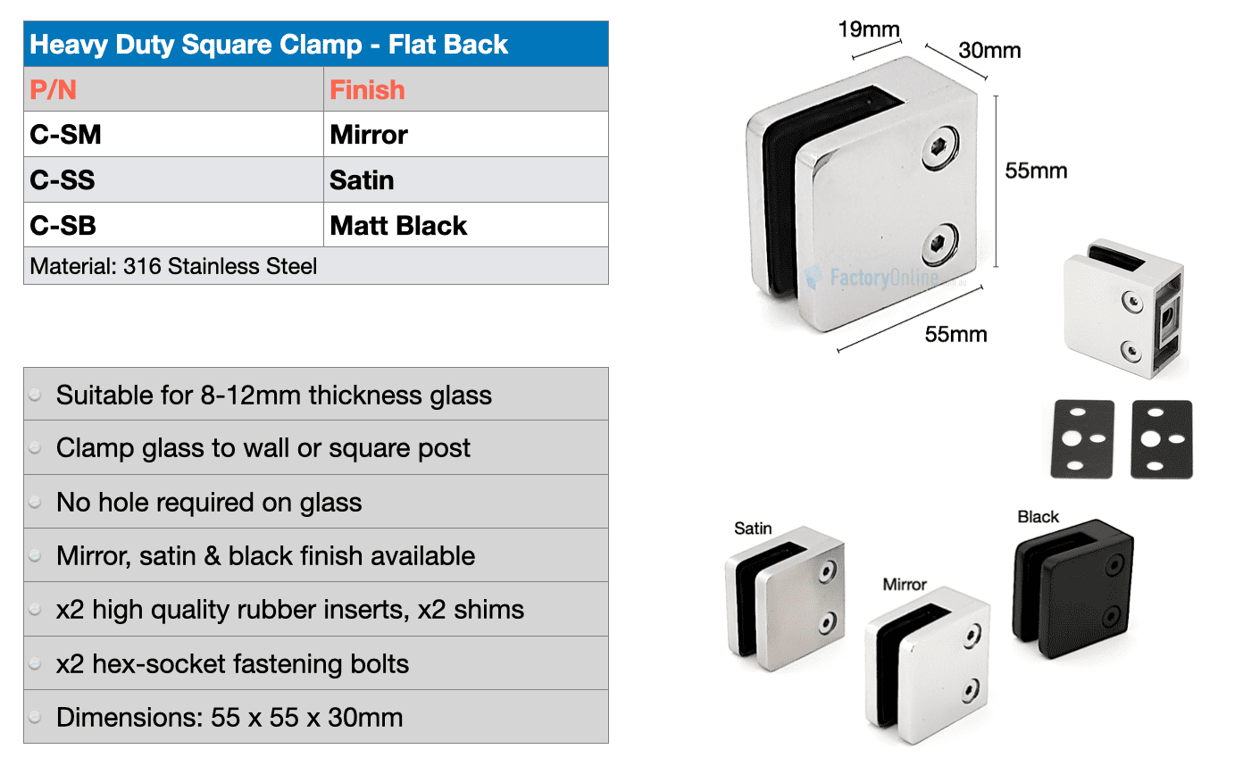 Glass Clamp Square Clamp - Flat Back Heavy Duty 