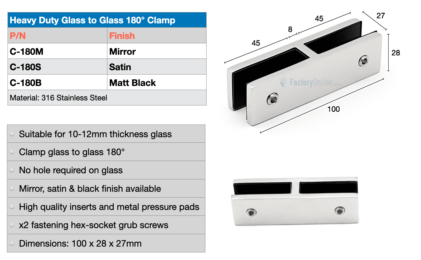 Heavy Duty Glass to Glass 180° Straight Clamp