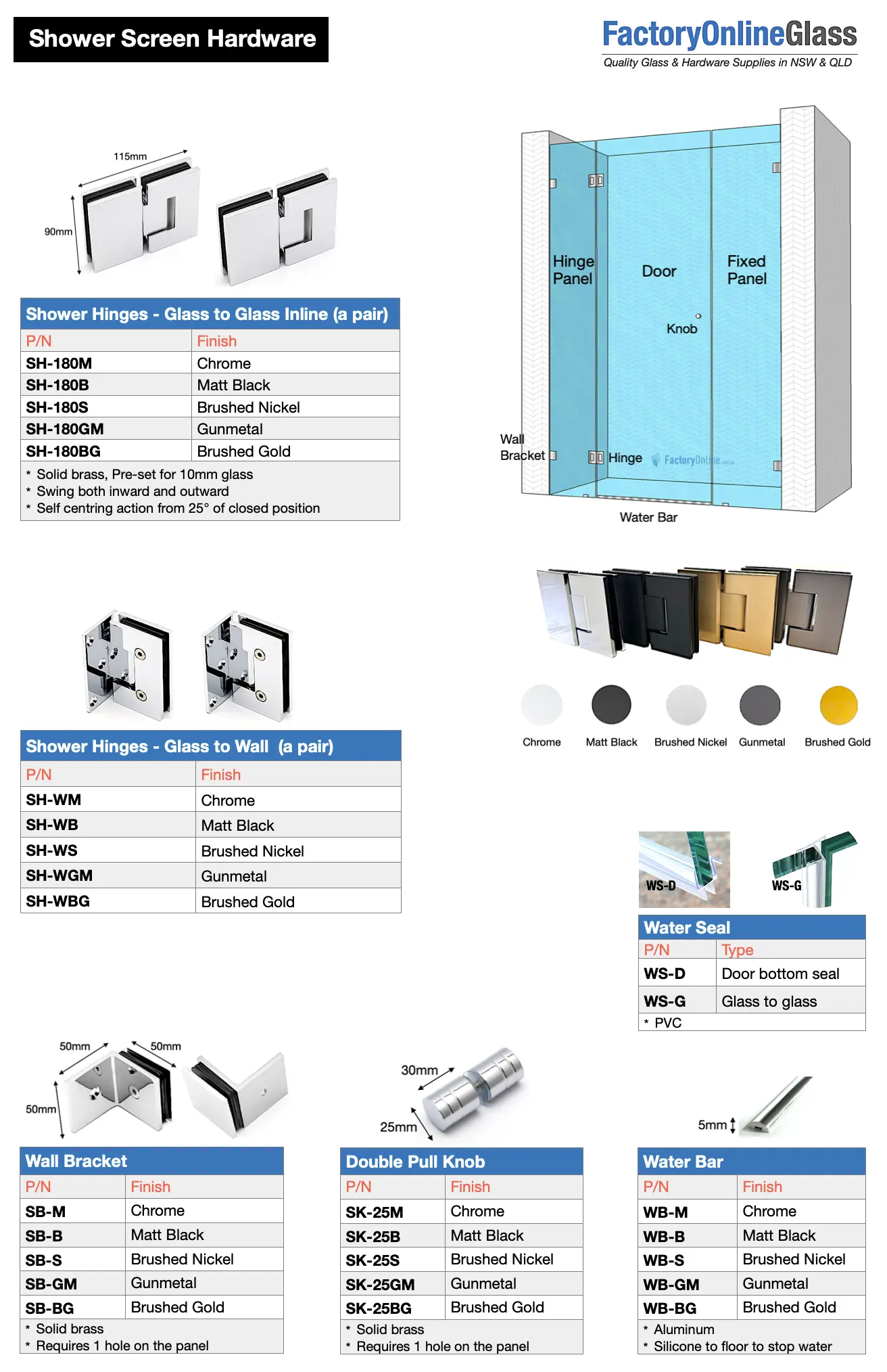 glass shower screens hinges knob water seal bracket