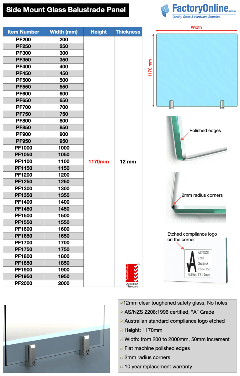 face mount glass balustrade panel size