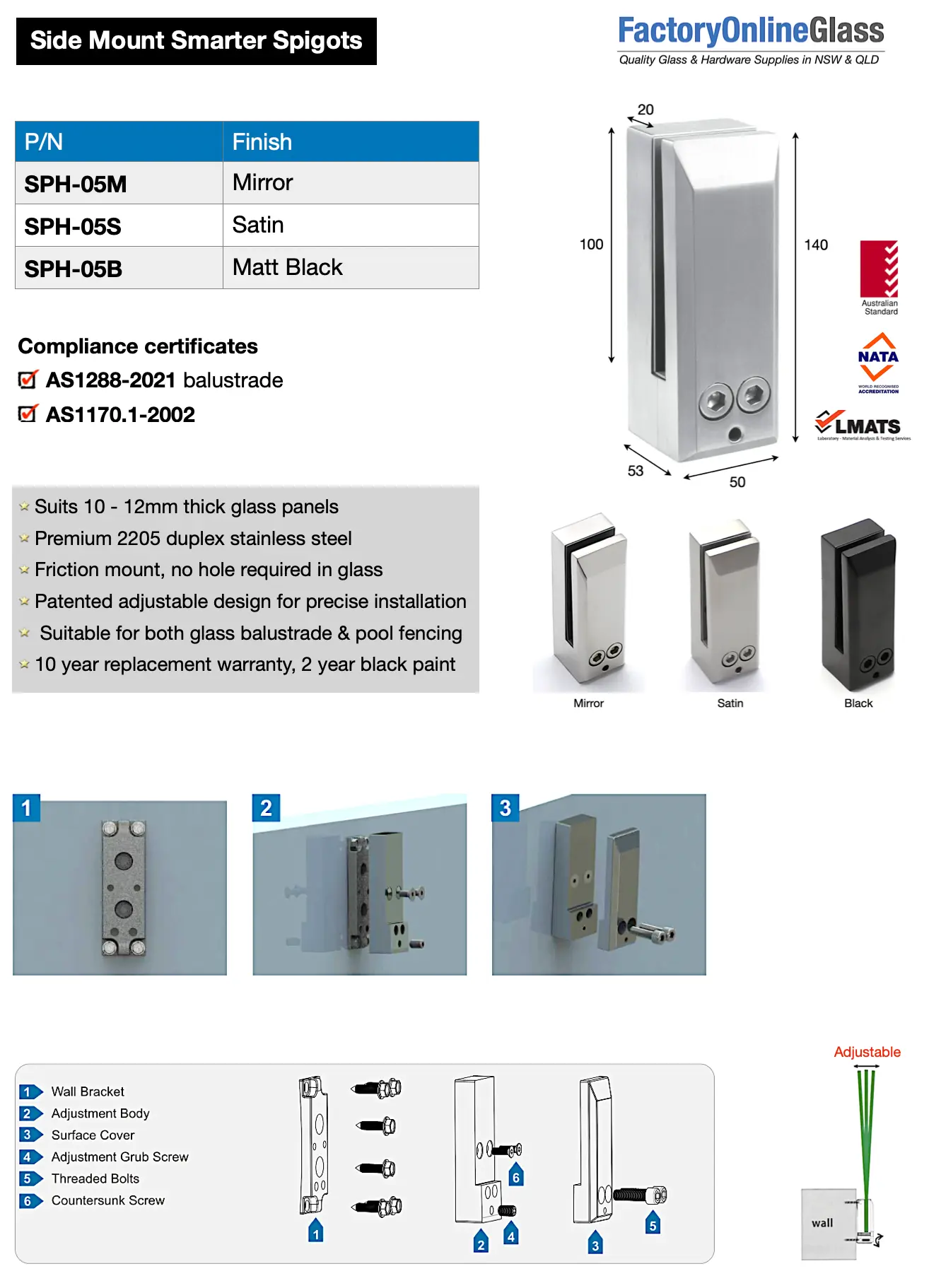 Side mount stainless steel glass balustrade spigots