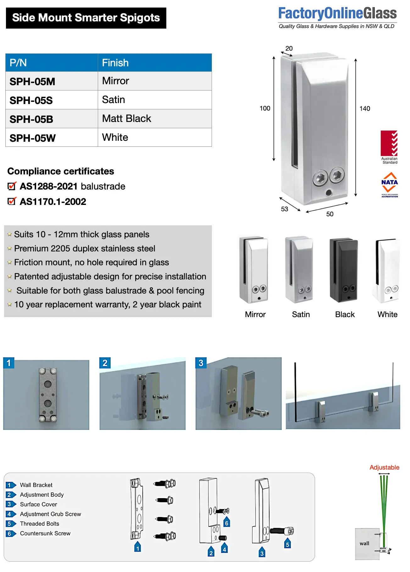 Side mount stainless steel glass balustrade spigots