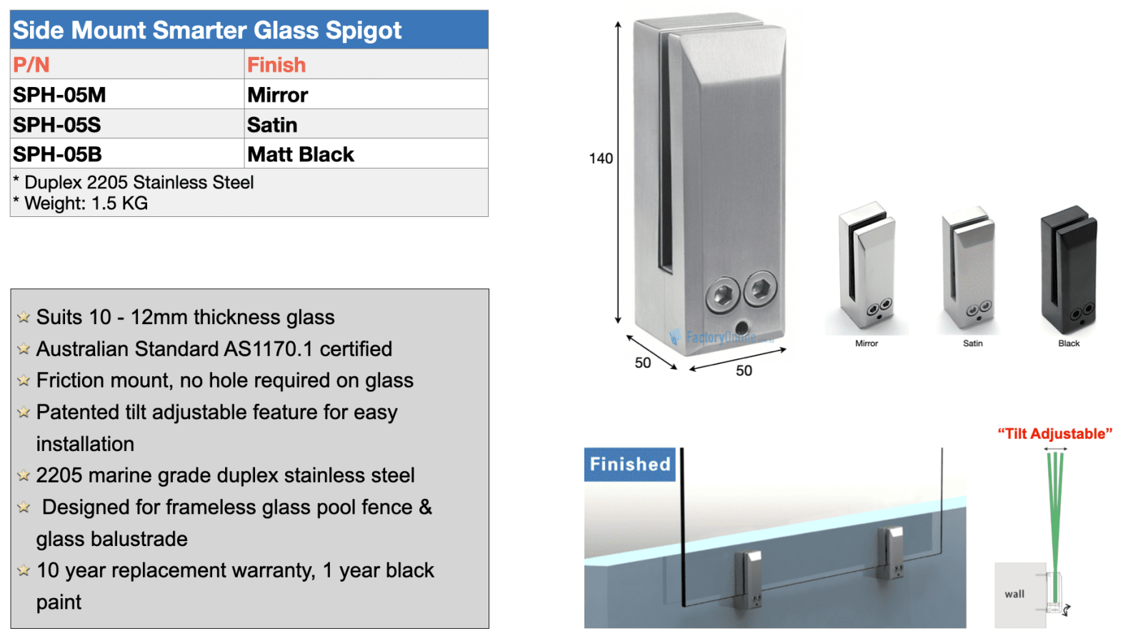 Side mount smarter spigot glass balustrade 2205 stainless steel spigots