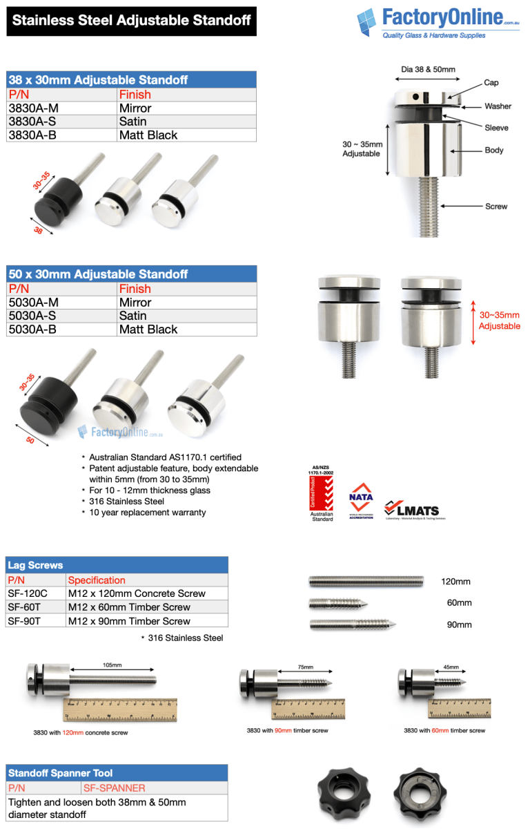 Standoff Pin Stainless Steel Side Mount Face Mount Glass Balustrade Standoffs