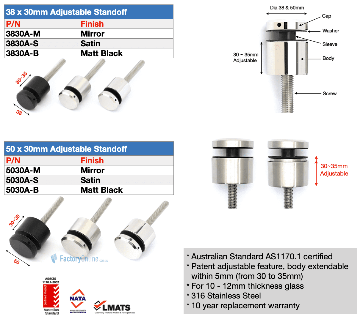 Glass Standoff Pin Stainless Steel Side Mount Face Mount Balustrade Standoffs Sydney