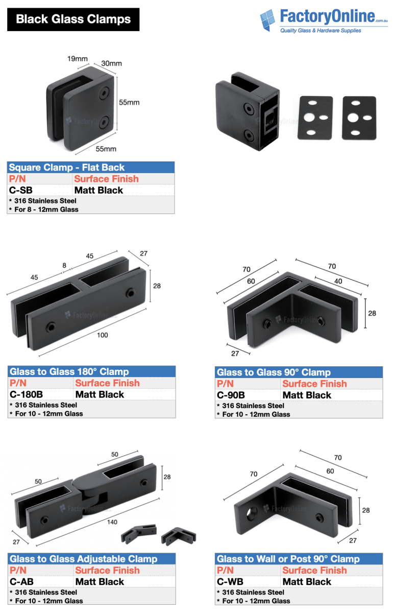 black glass clamp clamps glass to glass, to wall, adjustable supply sydney brisbane canberra