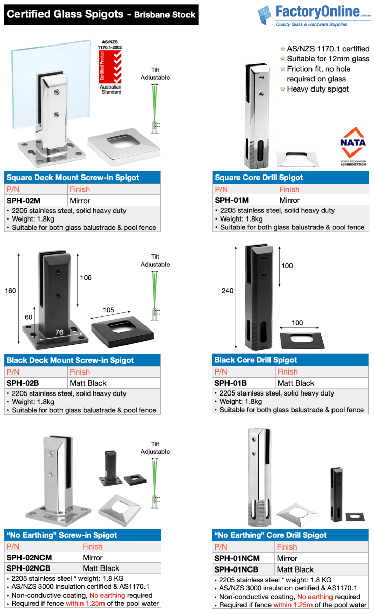 Brisbane glass spigots pool fencing 2205 stainless steel black no earthing spigot Gold Coast QLD