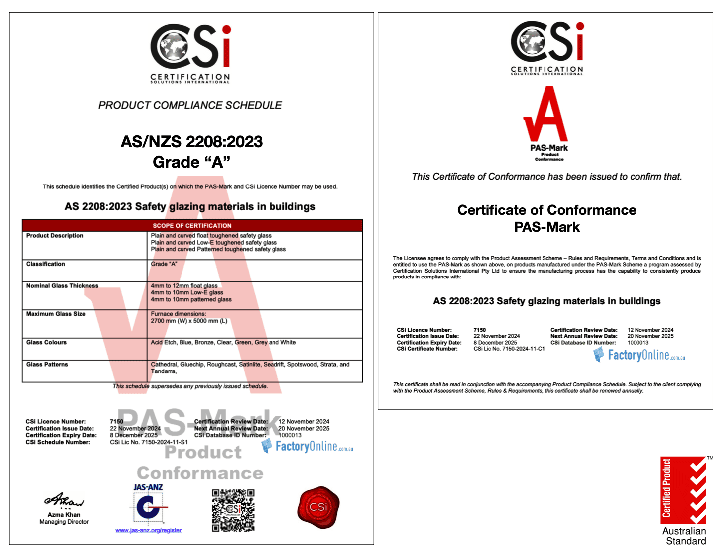 Certificate AS/NZS 2208 for pool fencing glass panel