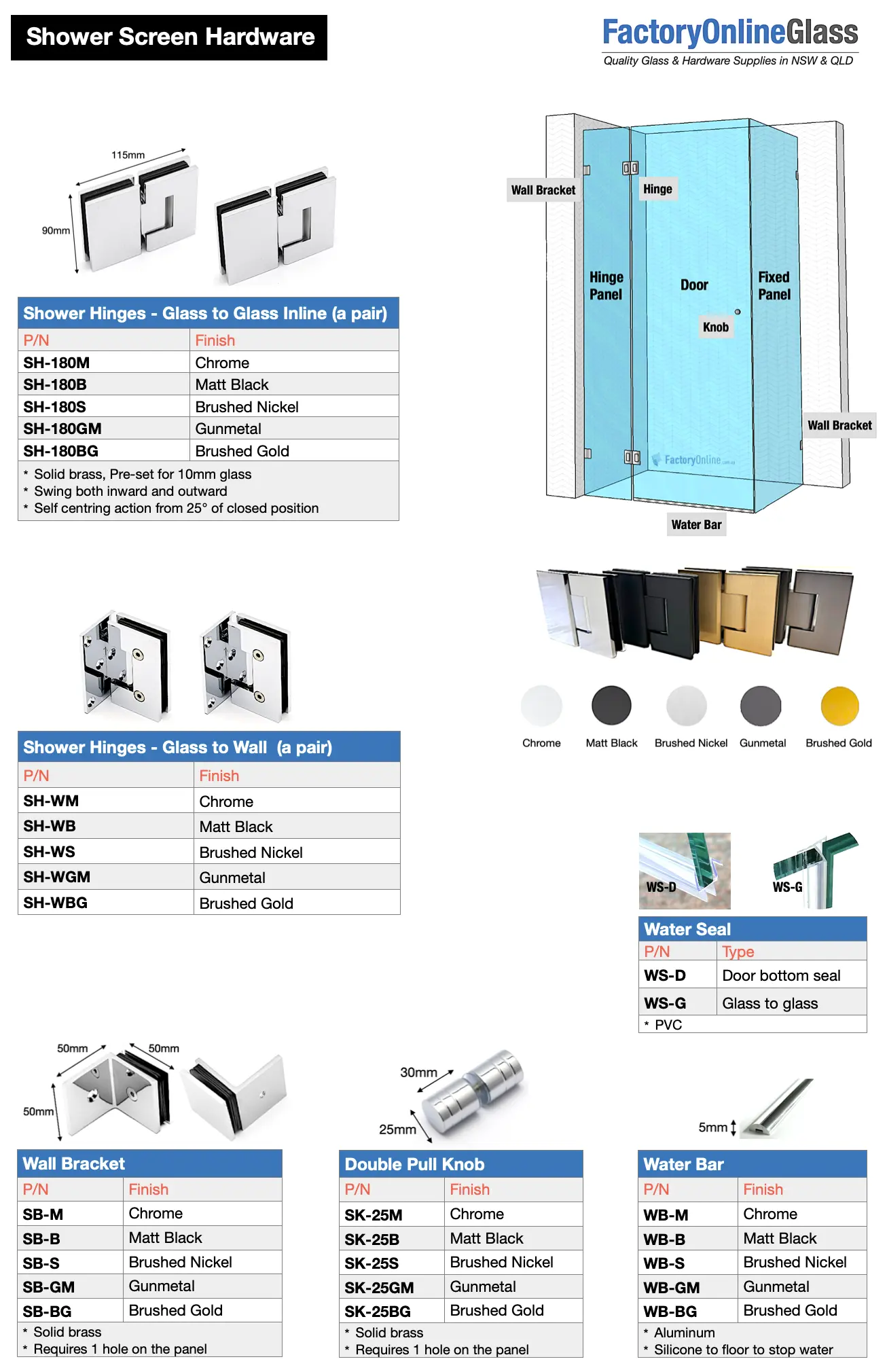 glass shower screens hinges knob water seal bracket