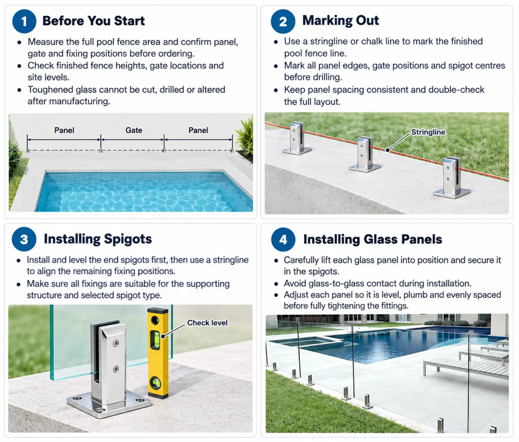 Glass pool fence installation guide showing planning, marking out, spigot alignment and glass panel installation