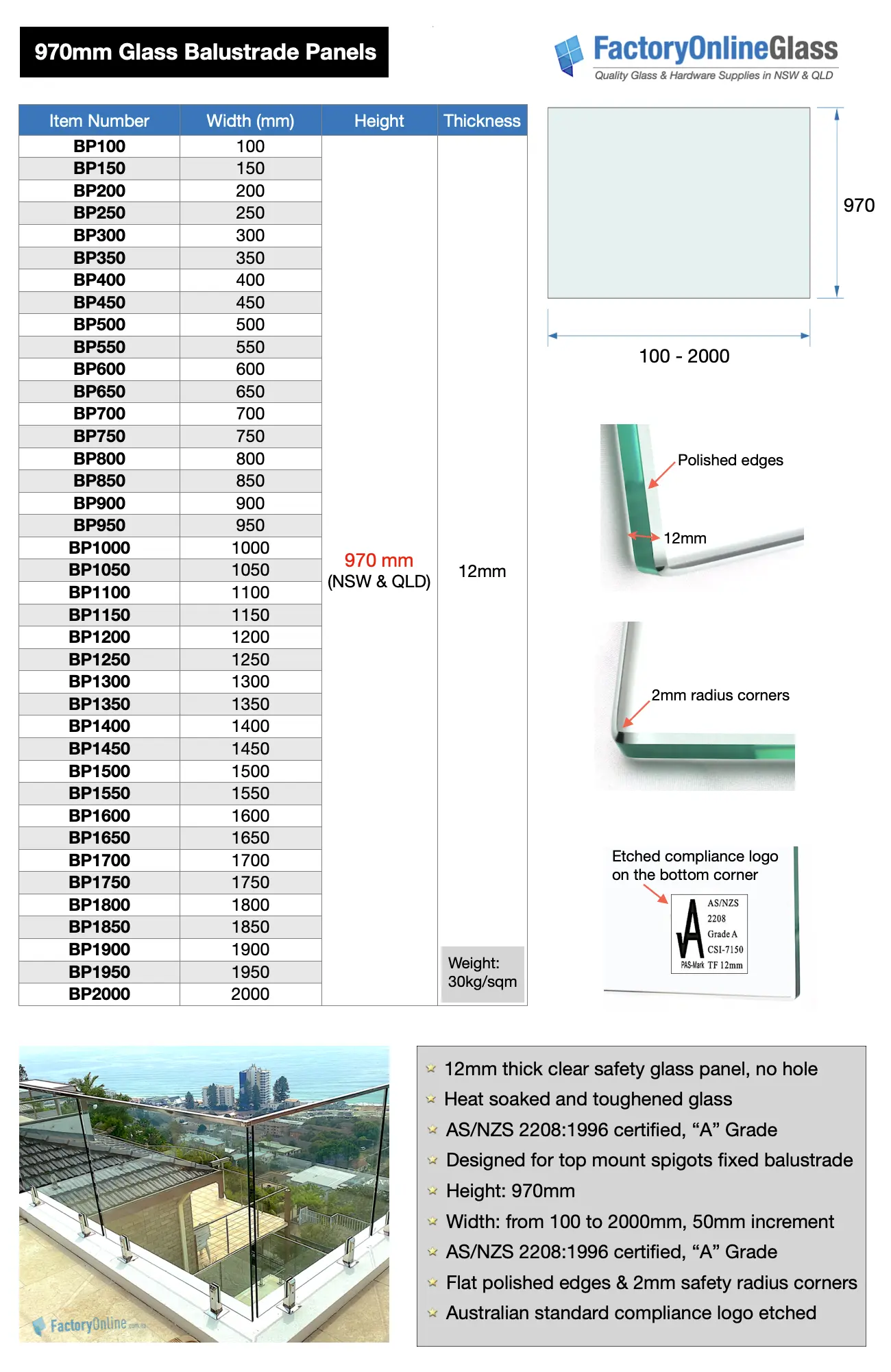 glass balustrade panels supply in Sydney Brisbane - 12mm panels