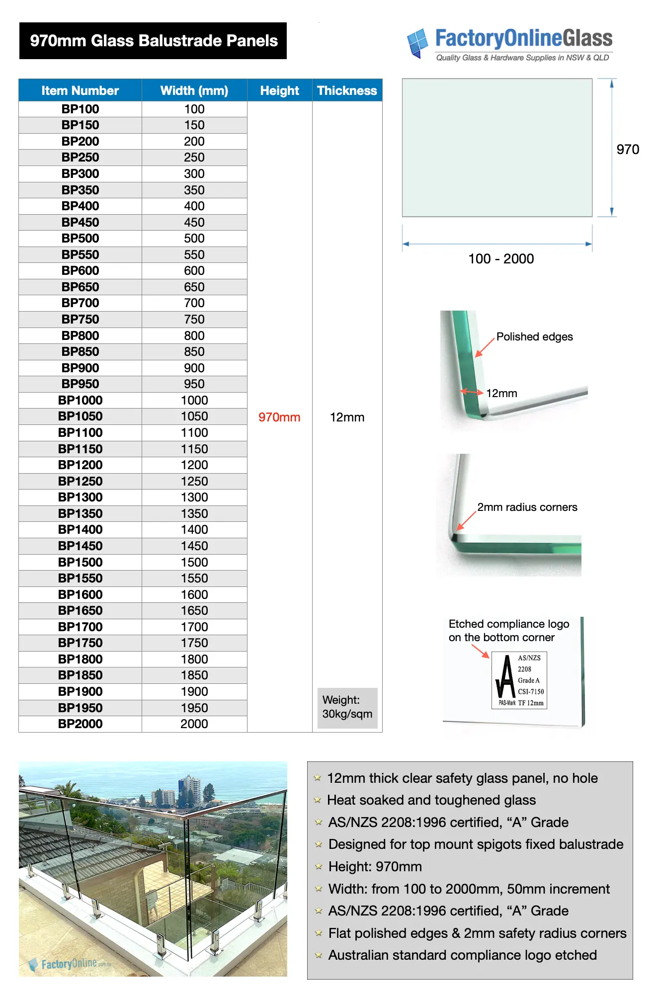 Glass balustrade balcony panels sizes Sydney & Brisbane