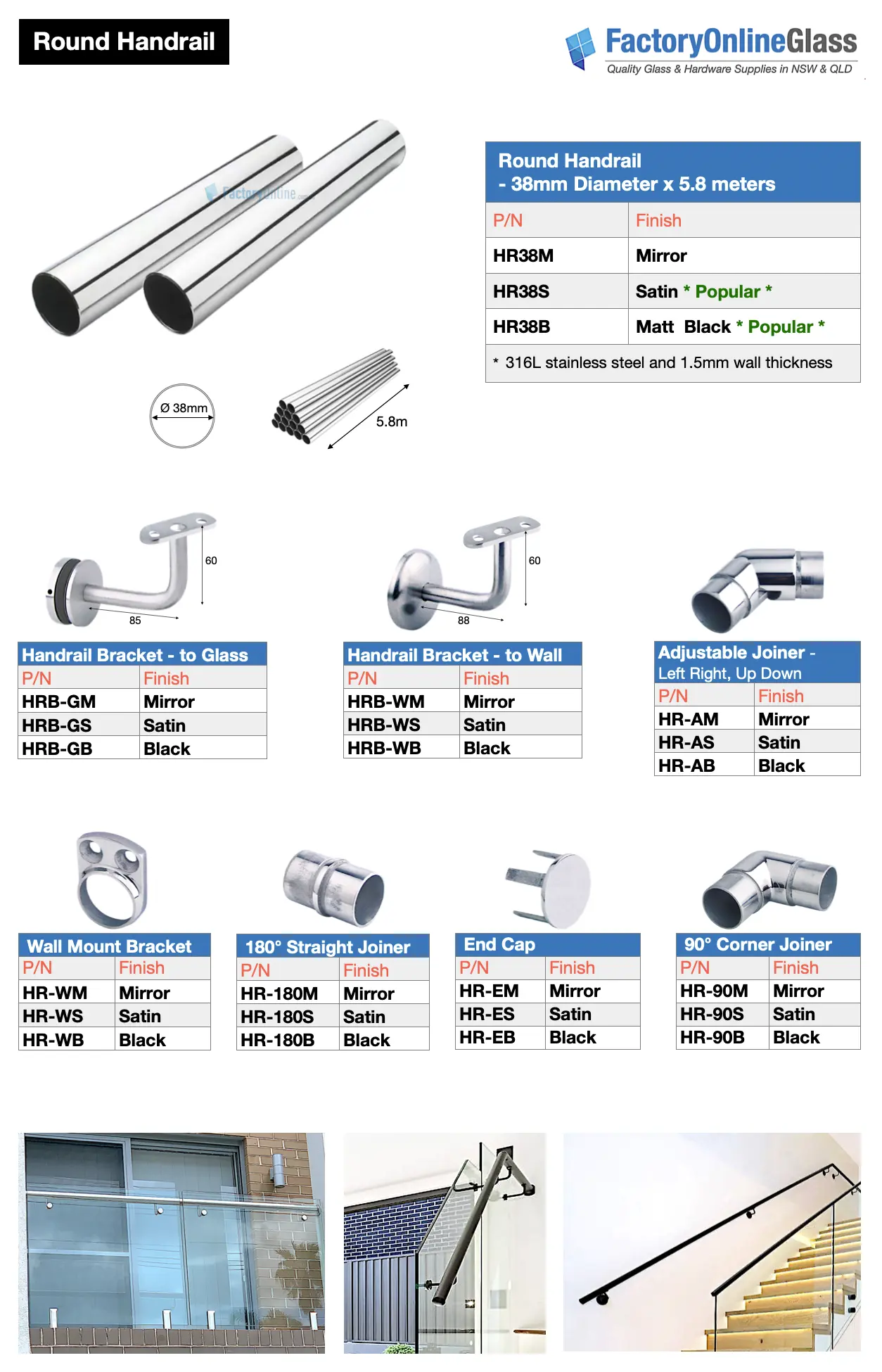 round handrail for glass balustrade 