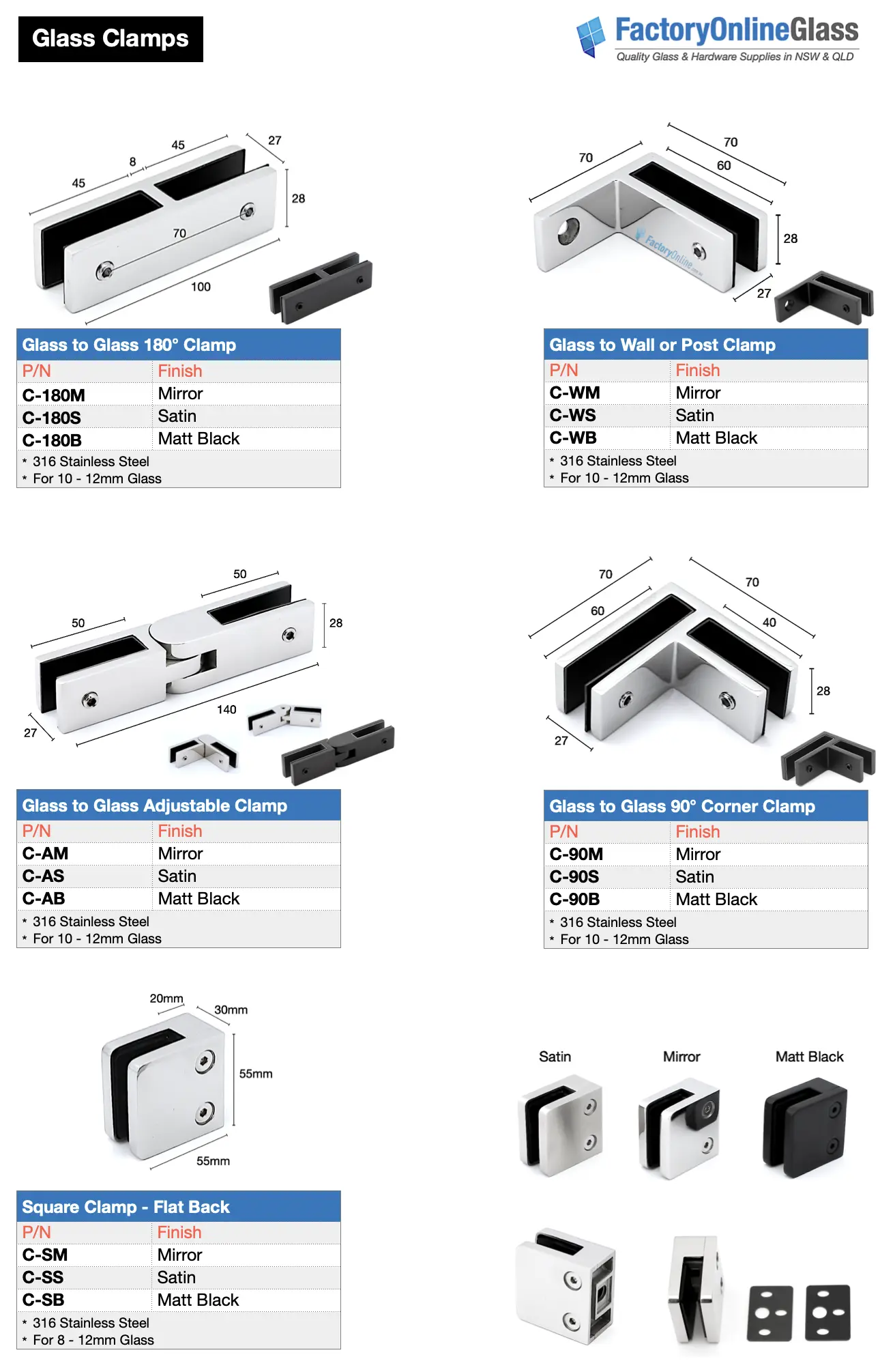 glass clamps range - stainless steel