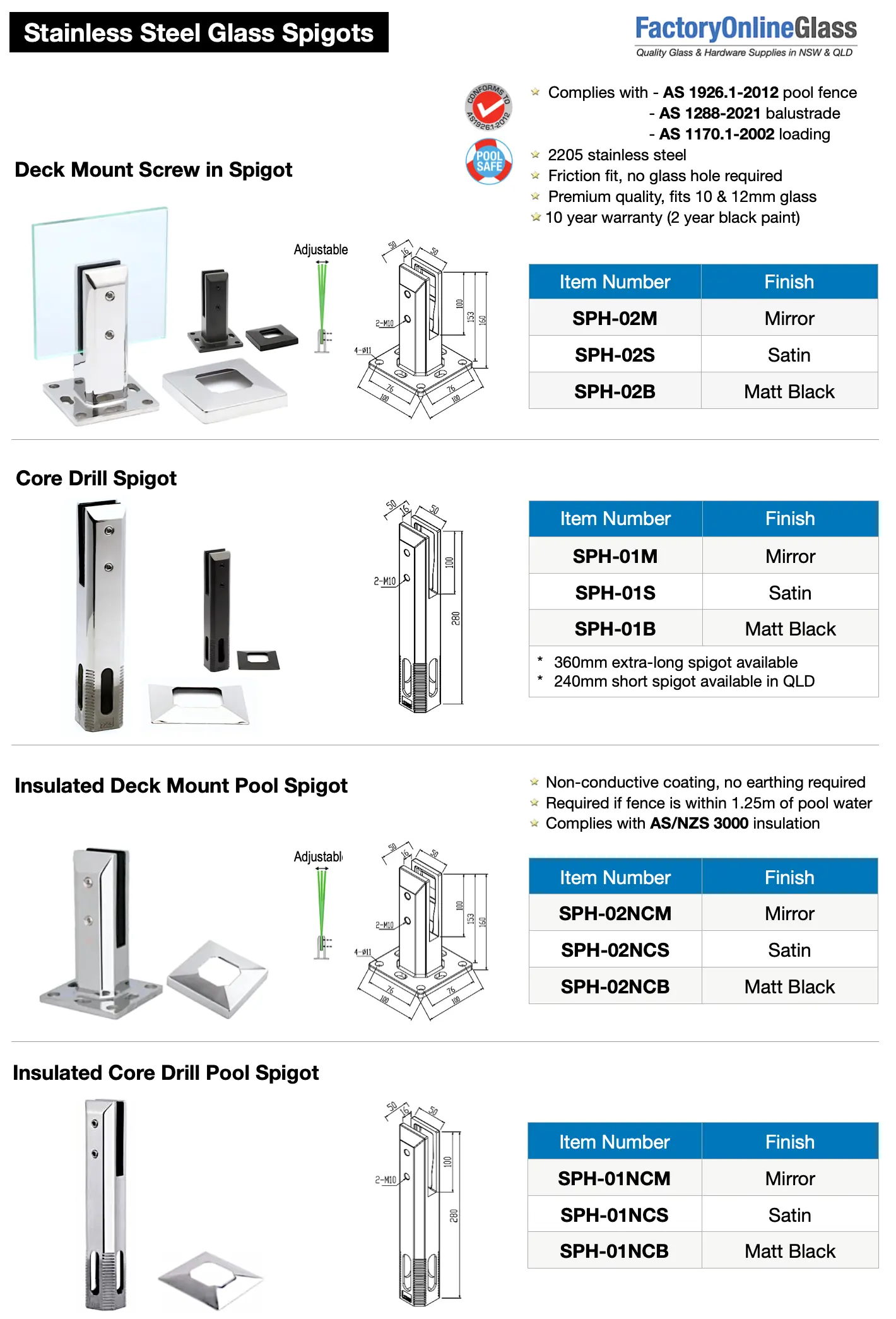 Pool fence glass spigots – 2205 stainless steel, deck mount, core drill and insulated options, Sydney and Brisbane