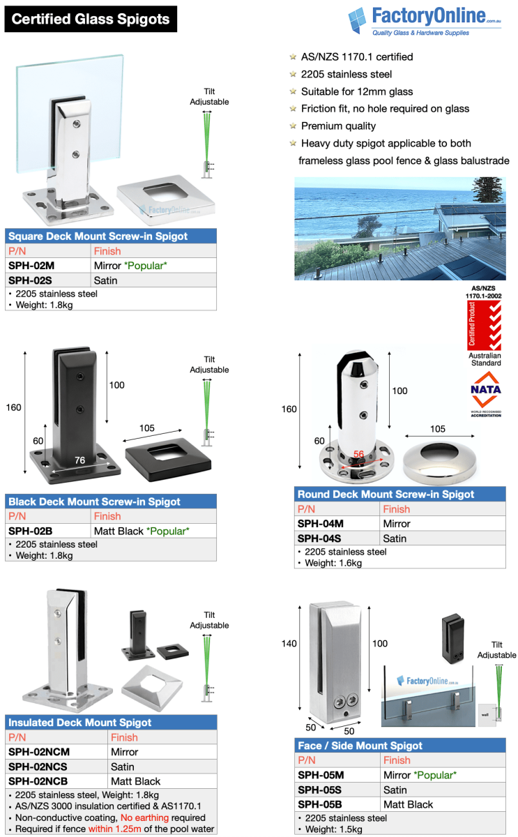 glass spigots pool fence balustrade deck mount 2205 stainless steel Sydney Brisbane Canberra