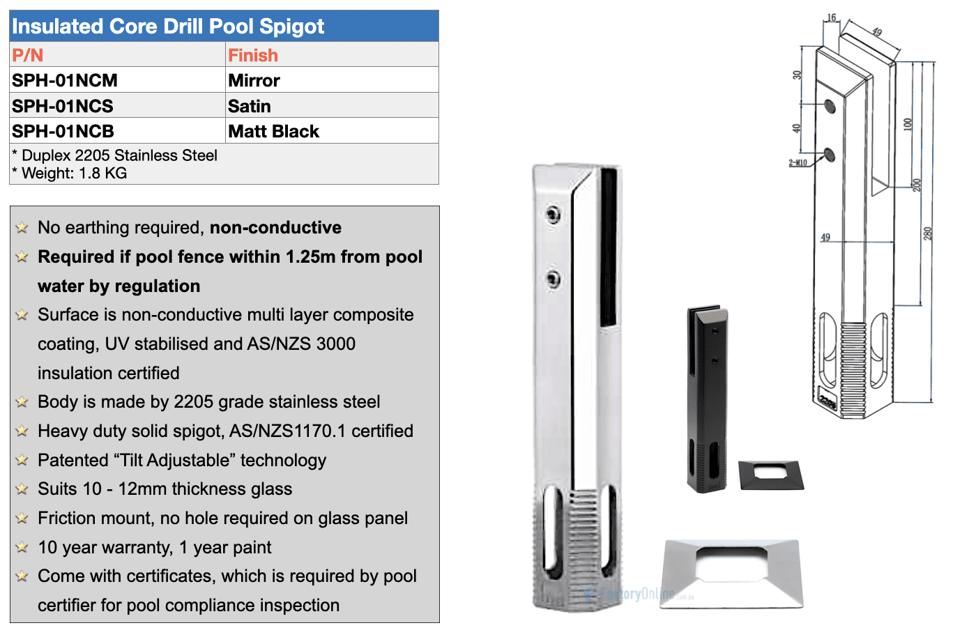 Insulated No Earthing Glass Pool Fence Spigots Core Drill Non Conductive Sydney brisbane sale