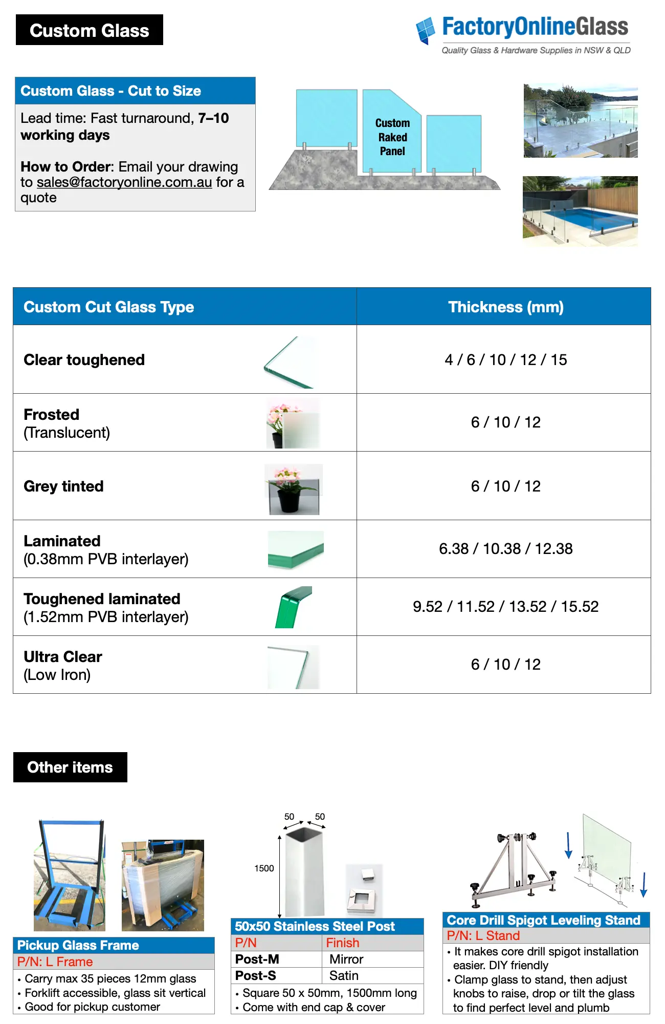 Glass pool fence custom raked panel