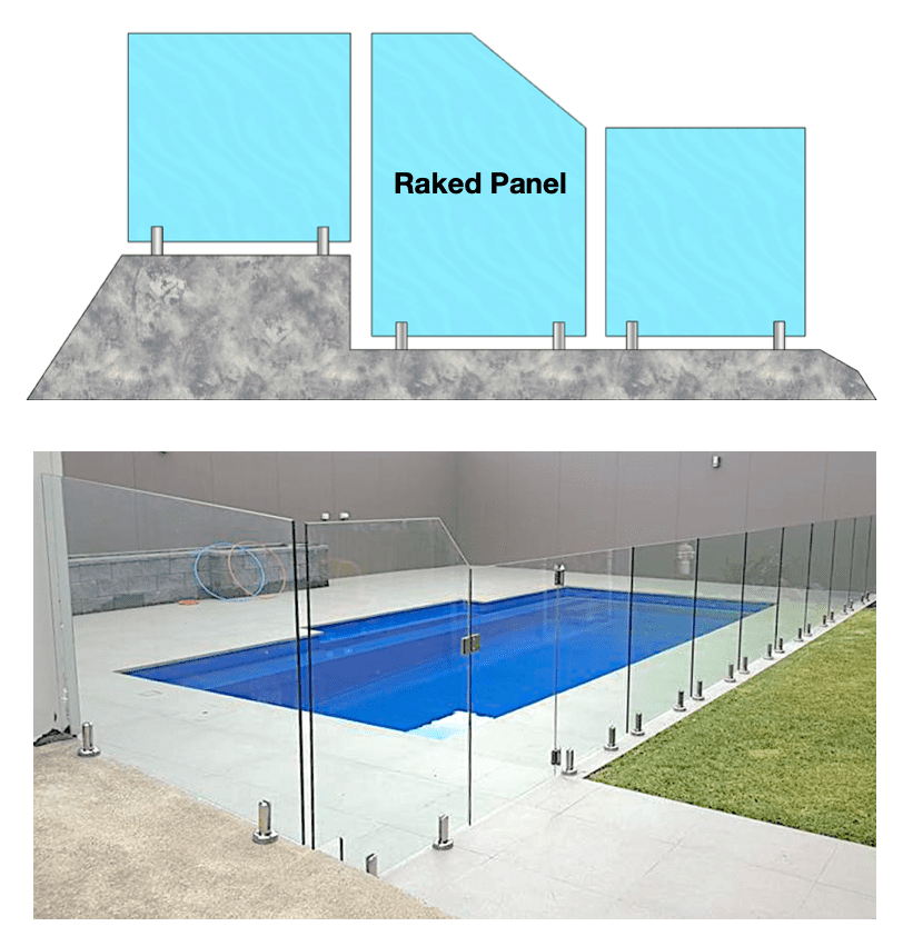 custom cut raked pool fence glass panel