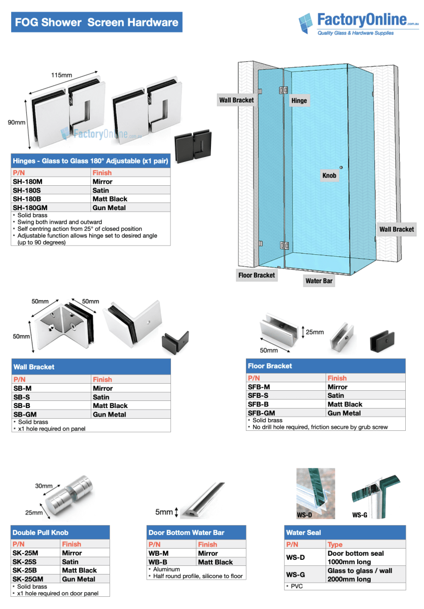 custom shower screens hinges knob water seal bracket