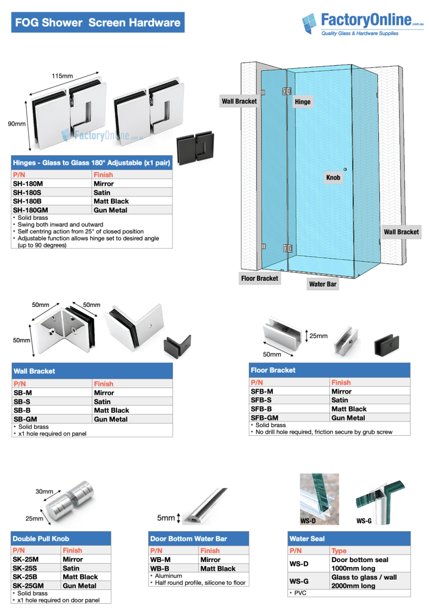 Frameless corner shower screens hinges knob seal 900 1000 sydney