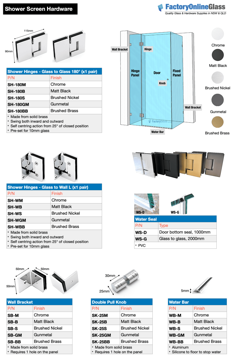 glass shower screens hinges knob water seal bracket