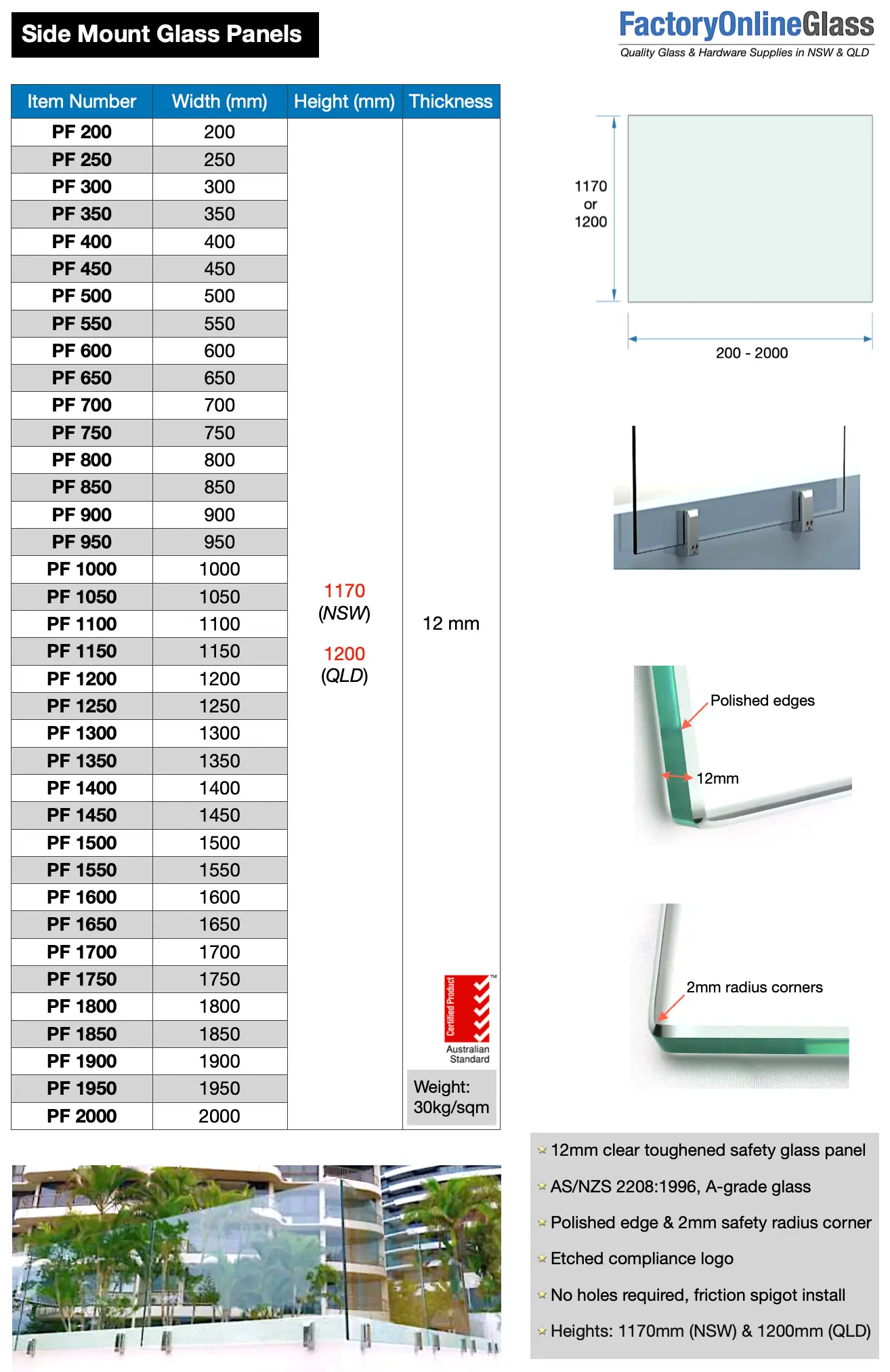 Side mount glass balustrade panel sizes 1170mm and 1200mm high