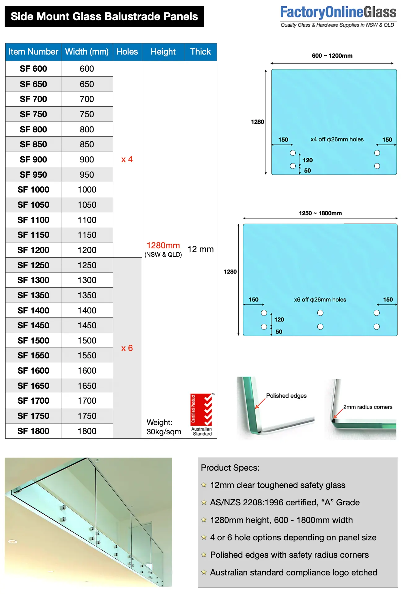 1280mm side mount glass balustrade panels with pre-drilled holes