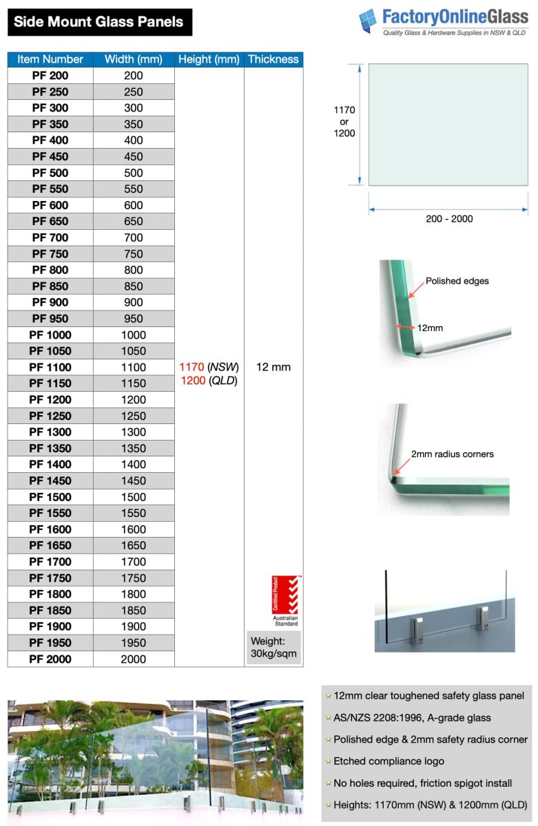 side mount glass balustrade panel sizes 1170mm and 1200mm high