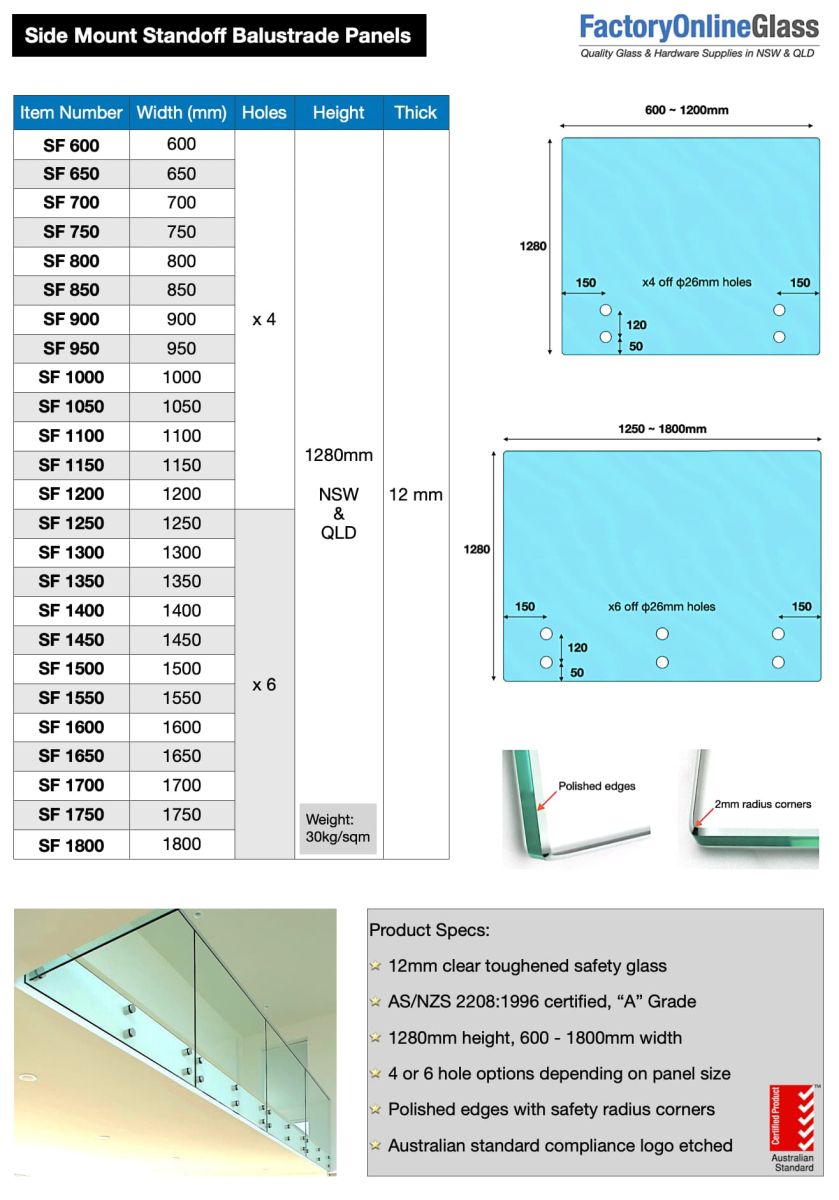 1280mm side mount glass balustrade panels with pre-drilled holes