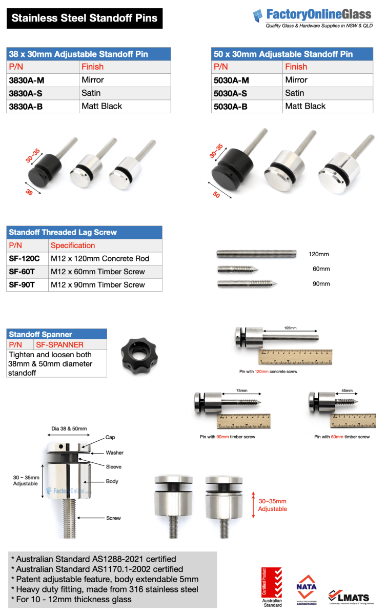 Standoff Pin for Face Mount Glass Balustrade Side Standoffs