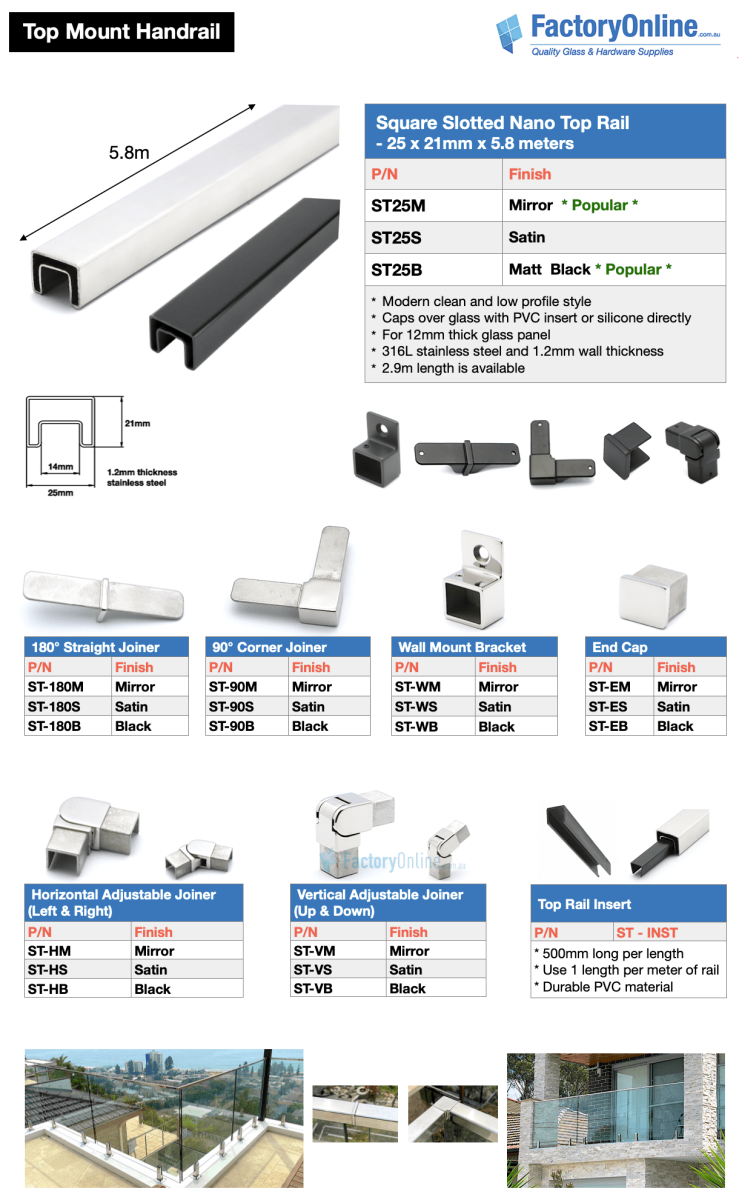 glass top rail handrail stainless steel nano slotted 25x21 balustrade