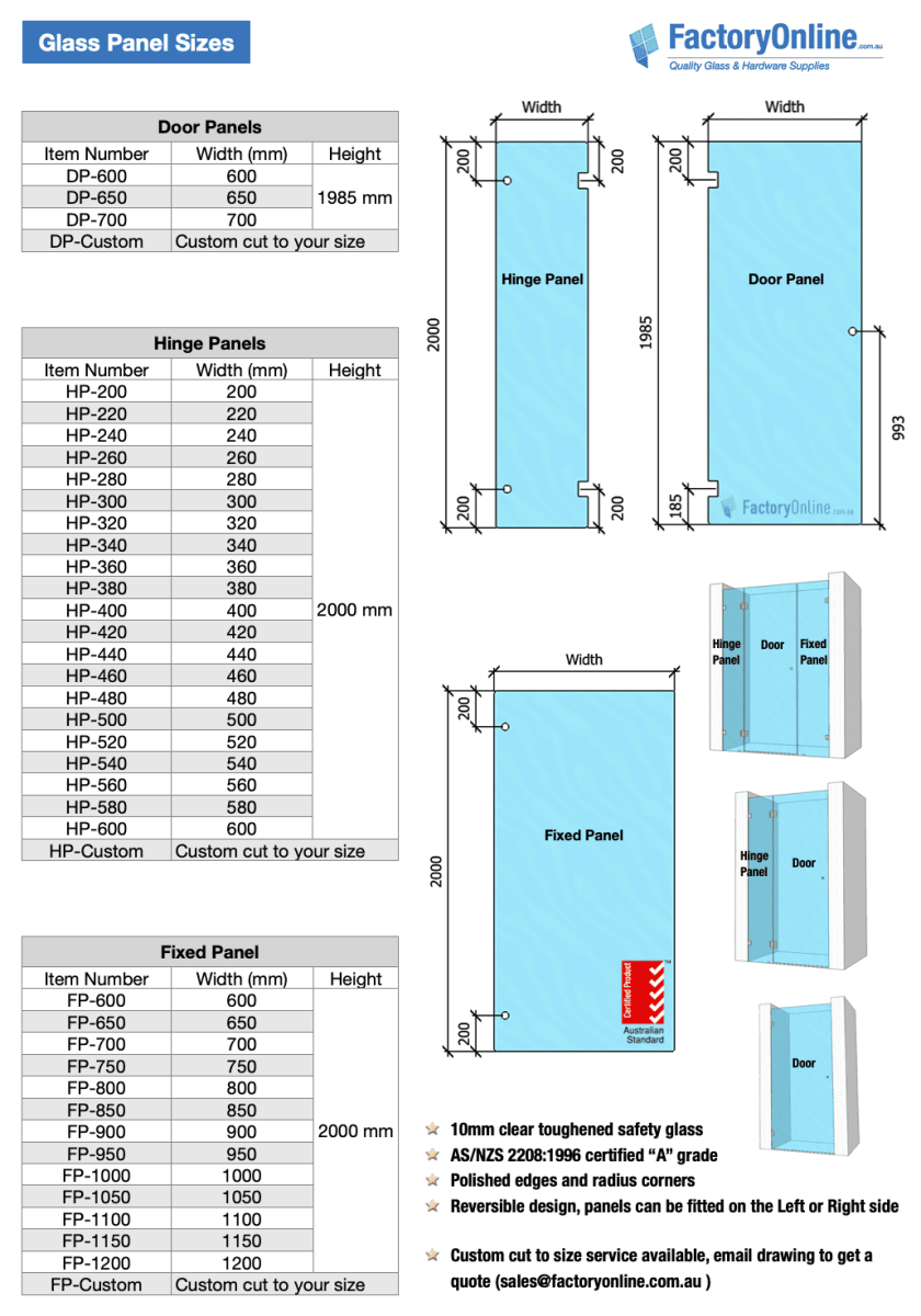 wall to wall shower screen panel sizes