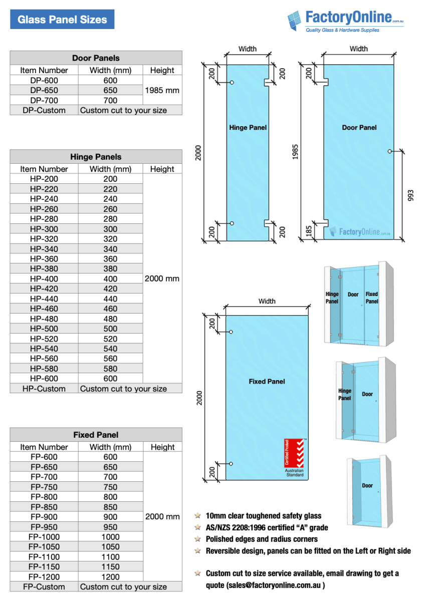 wall to wall shower screen panel sizes sydney