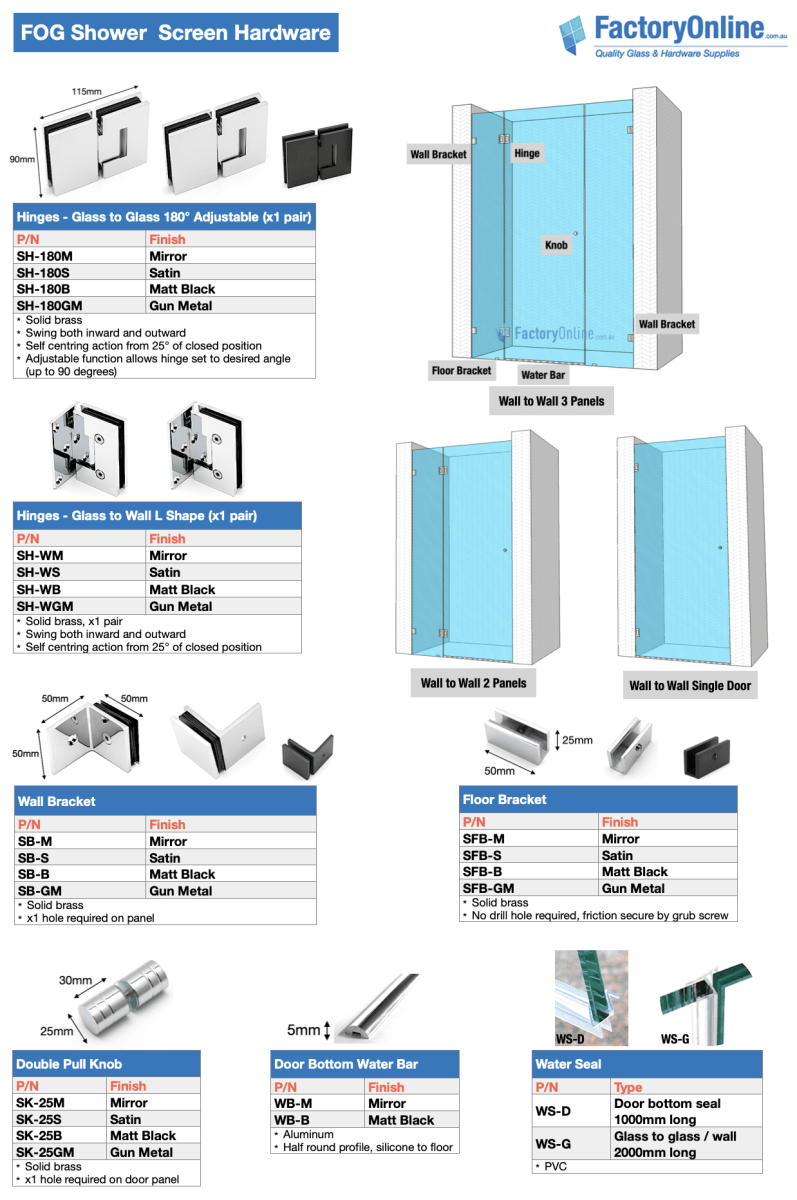 Frameless wall to wall shower screens panel hardware