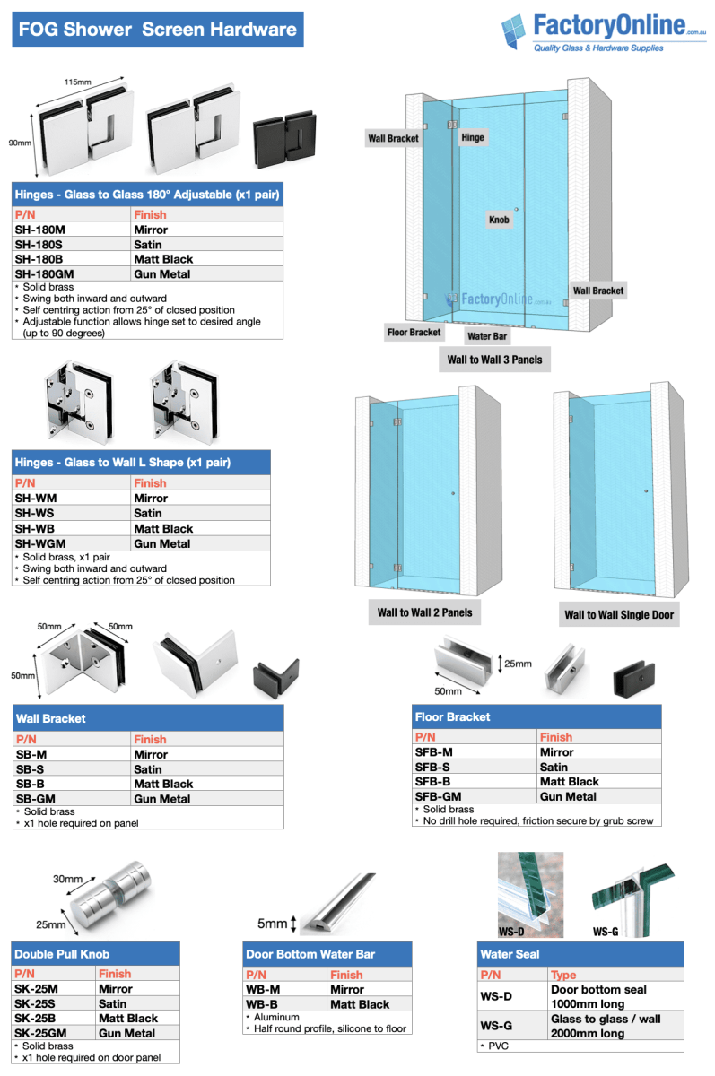 Frameless wall to wall shower screens hinges knob water seal sydney